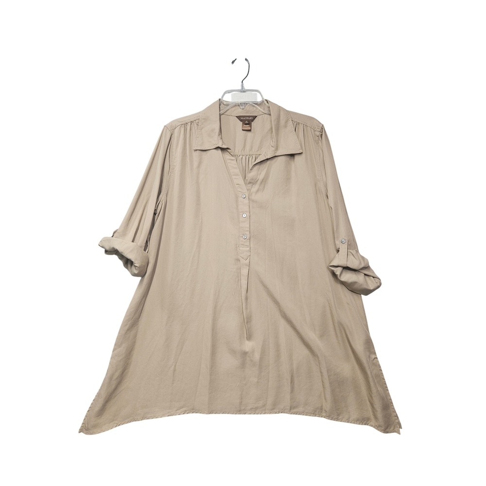 Multiples Missy Essentials Beige Lyocell Roll Tab Tunic Top Sharkbite Hem L NEW